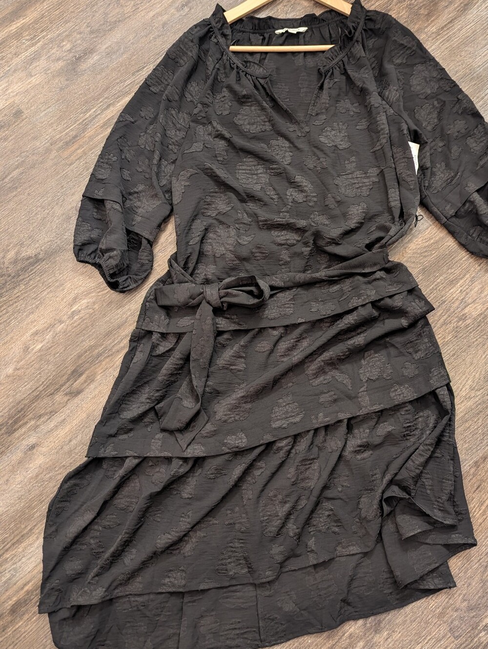 The Pioneer Woman Black Textured Tiered Midi Dress with Tie Waist 1X